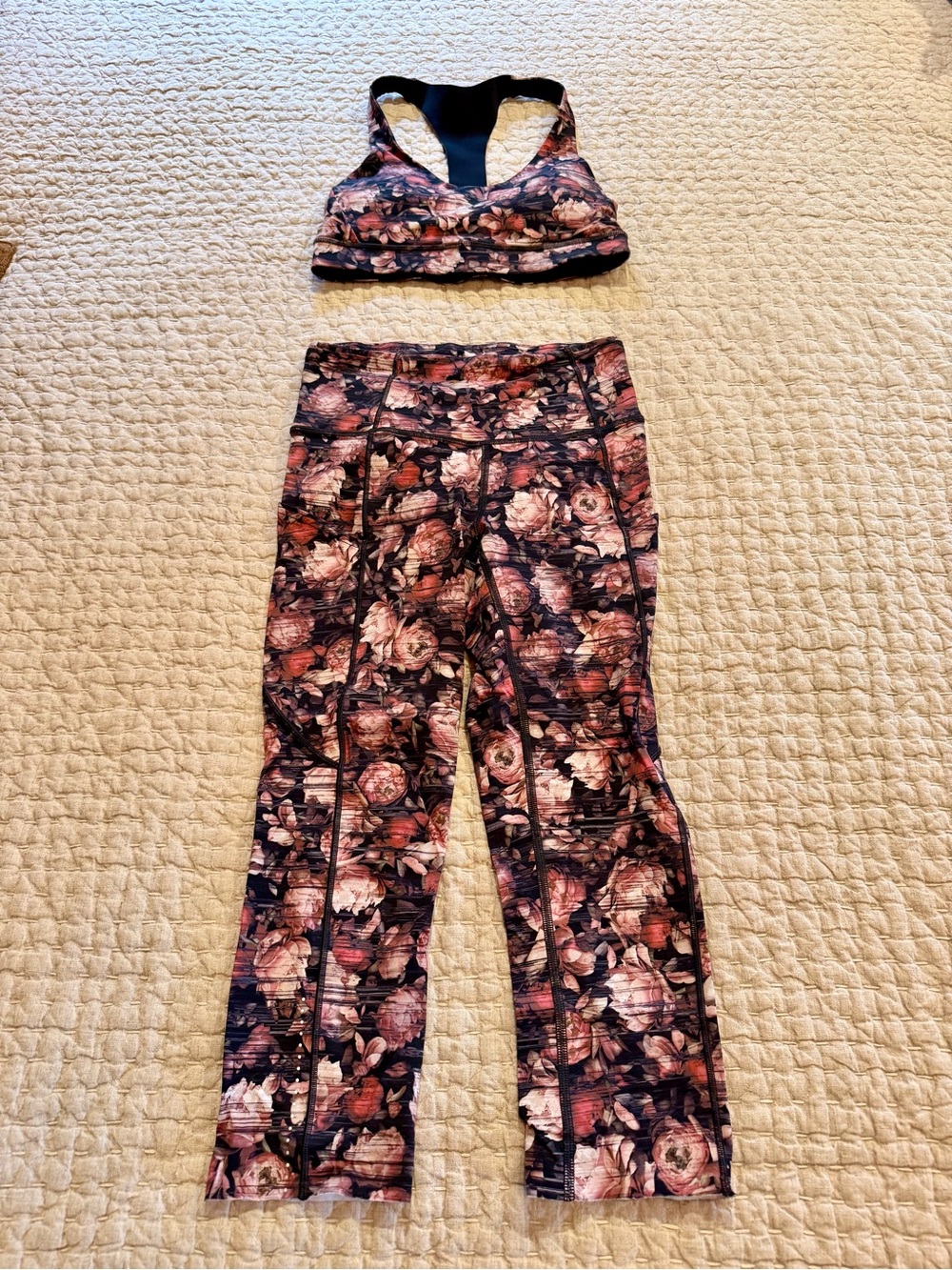 Lululemon Wunder Under Leggings and Break Free Bra Set in Multi Peony